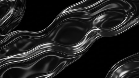 Abstract, flowing waves of dark, reflective metallic liquid with a chrome-like sheen, creating a dynamic and smooth texture against a black background.の素材