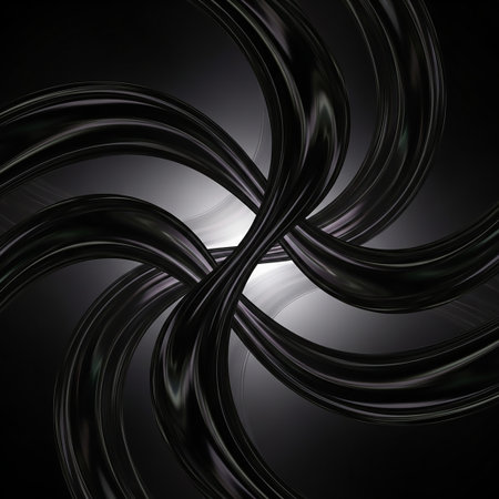 Abstract swirling black glossy ribbons create a dynamic and elegant design with dramatic light reflections against a dark, shadowy background.の素材