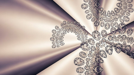 An abstract digital artwork featuring a swirling pattern of numerous faceted diamonds and shimmering light rays against a soft, gradient background.の素材