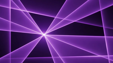 Abstract purple laser light beams create a geometric pattern as they intersect and radiate from a central bright point against a dark background.の素材