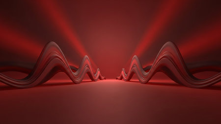 Abstract wavy red forms with dramatic spotlight illumination creating a dynamic and intense atmosphere on a red background.の素材
