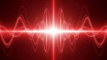 Abstract red waveform visualization with a bright white light at the center, set against a dark red background, depicting sound or energy.の素材
