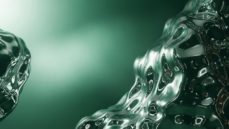Two abstract, organic forms of shiny green metallic liquid with intricate ripples and reflections are set against a soft green gradient background.の素材