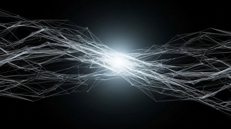 An abstract network of interconnected lines and nodes with a bright, glowing light source at its center against a dark, gradient background.の素材