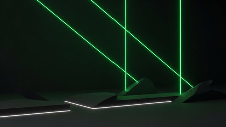 An abstract dark scene featuring sharp green laser beams intersecting with illuminated white edges on geometric shapes.の素材