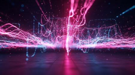 Abstract swirling trails of pink and blue light particles create a dynamic, glowing effect against a dark, textured background.の素材