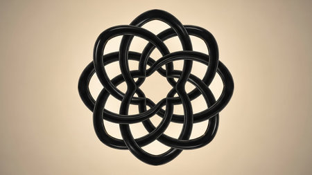 A smooth, black, interlocking Celtic knot design with rounded loops, presented symmetrically on a plain, light beige background.の素材