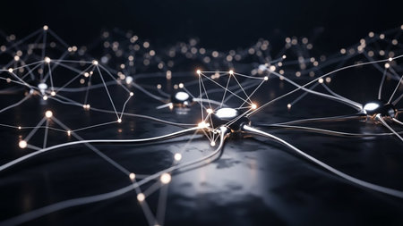 An abstract network of glowing nodes and connecting lines represents a futuristic digital network or neural system in a dark, atmospheric setting.の素材