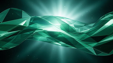 An abstract, flowing wave of geometric teal and green crystal shapes with bright light rays emanating from the center and small particles in the background.の素材