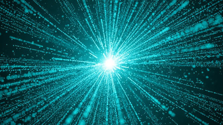 Numerous bright turquoise light streaks radiate outwards from a brilliant central light source against a dark background, creating a sense of speed and energy.の素材