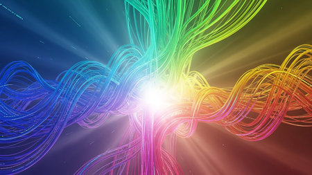 Vibrant rainbow light streaks converge at a bright center with radiating rays, creating an abstract and energetic visual.の素材