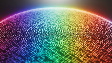A close-up view of a complex circuit board pattern in rainbow colors, forming a spherical shape, representing technology and data.の素材