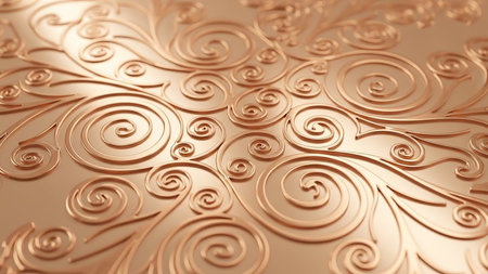A close-up view of an embossed rose gold surface with intricate swirling floral patterns creating a rich, decorative texture.の素材