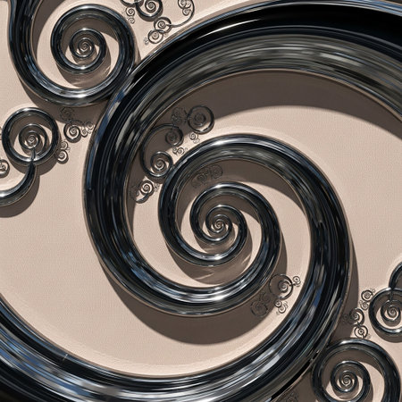 A detailed close-up of polished metallic silver swirls and delicate filigree patterns embossed on a textured beige surface, casting subtle shadows.の素材