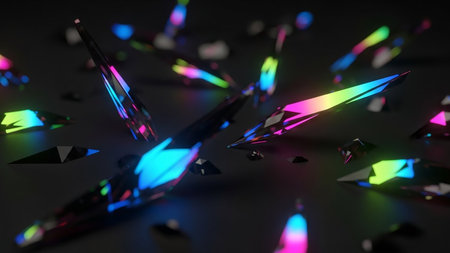 Sharp, angular geometric crystal shards with vibrant neon rainbow light reflections scattered across a dark surface.の素材