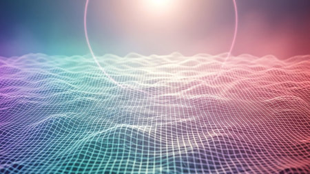 A colorful wireframe landscape with a grid forming wavy terrain, illuminated by a soft pinkish halo effect in the upper right.の素材