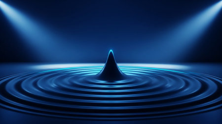 A dark blue surface of water with concentric ripples emanating from a central peak, illuminated by two bright spotlights from above.の素材