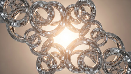 An abstract composition of shiny chrome rings clustered together, with a bright light source emanating from the center.の素材