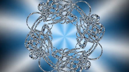 A complex silver wireframe mandala with a swirling, abstract design, set against a bright blue radial gradient background.の素材