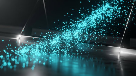 A dynamic abstract image featuring a stream of glowing turquoise particles flowing across a dark, reflective surface with subtle geometric lines and highlights.の素材