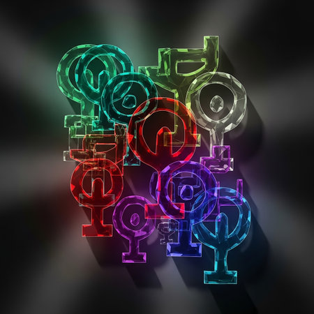 A collection of translucent, geometric symbols resembling the female sign, rendered in a spectrum of vibrant, glowing colors against a dark, textured background.の素材