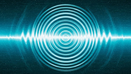 A bright cyan blue abstract graphic featuring concentric circles radiating outwards and a horizontal waveform, set against a speckled dark background.の素材