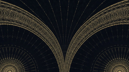 A dark blue background featuring golden arches and intricate circular patterns with radiating lines, creating an elegant design.の素材