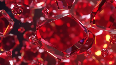 A close-up view of numerous red gemstones and diamonds with sharp facets, floating and sparkling in a luminous space.の素材