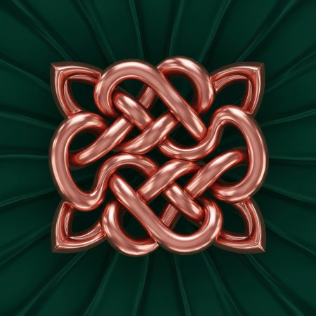 A polished copper Celtic knot with intertwined loops, set against a dark green, textured fabric background with radiating lines.の素材