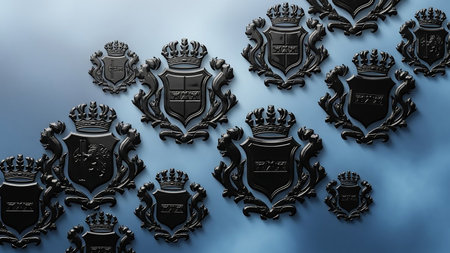 A collection of black embossed heraldic crests and shields, varying in size and detail, arranged on a blue gradient background.の素材