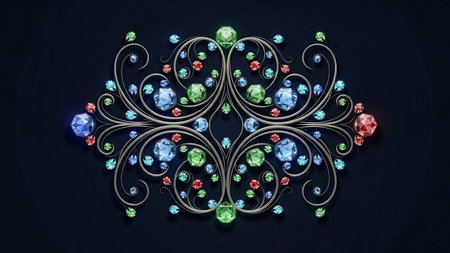 Ornate silver swirls are decorated with a variety of colorful, sparkling gemstones including blue, green, and red, set against a dark blue background.の素材