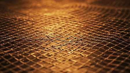 A close-up view of a golden metallic mesh grid with a slightly rippling surface, creating an abstract and textured background with a warm sheen.の素材