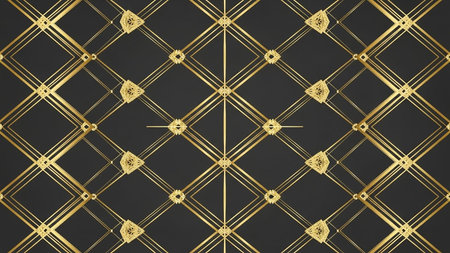 A repeating geometric pattern featuring gold lines forming diamonds and squares on a dark gray background, creating an elegant art deco design.の素材