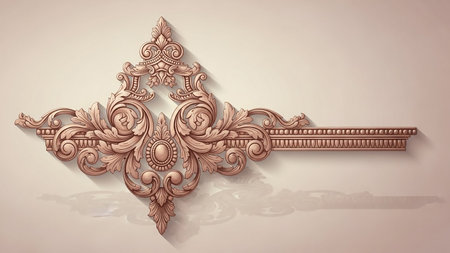 A highly detailed antique wood carving ornament featuring intricate scrollwork, leaves, and an oval gem is shown with a soft shadow.の素材