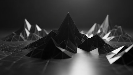 A stark black and white low-poly abstract landscape featuring sharp geometric mountain peaks with a reflective surface and dramatic contrast.の素材