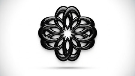 A symmetrical, black glossy abstract shape resembling a flower or starburst is presented on a clean white background with a soft shadow.の素材