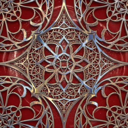 A detailed silver geometric ornament with intricate filigree patterns, set against a vibrant red background with sparkling glitter effects.の素材