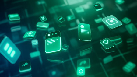 A collection of glowing neon green digital icons, such as documents and hearts, floating in a dark, futuristic, abstract digital environment.の素材