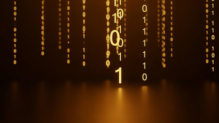 Golden binary code numbers fall like rain against a dark, reflective surface, creating a futuristic and abstract representation of digital data.の素材