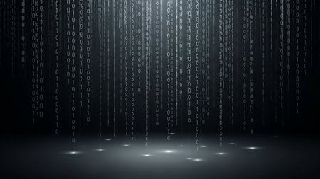 Binary code numbers, represented by 0s and 1s, fall vertically with a glowing effect against a dark gradient background, suggesting digital data.の素材