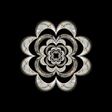 A symmetrical, fractal flower pattern composed of repeating petal shapes with a white marble and gold texture, set against a solid black background.の素材