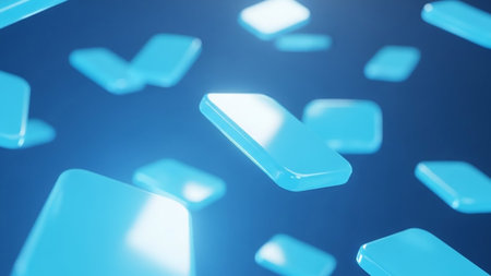 Multiple translucent blue rounded rectangles are floating in a soft blue gradient, with some in sharp focus and others blurred, creating a sense of depth.の素材