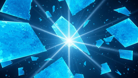 A dynamic abstract image of exploding blue geometric crystal shards radiating from a bright central light burst against a dark background.の素材