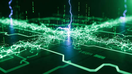 A futuristic digital network with glowing green lines and nodes, illuminated by blue lightning strikes, representing data flow and technology.の素材