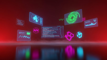 Multiple glowing holographic screens displaying graphs, code, and abstract shapes float in a dark red, reflective space.の素材