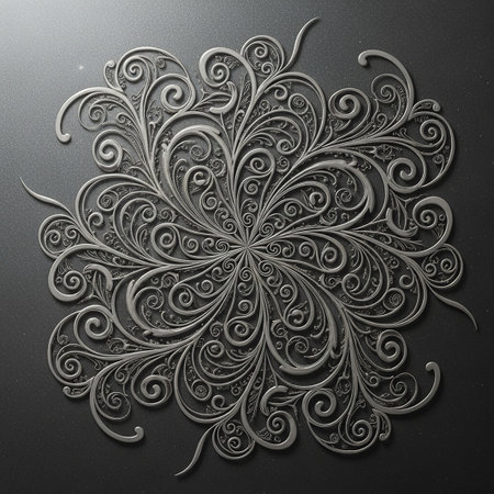 An elaborate silver filigree design featuring intricate swirls and organic shapes radiating from a central point on a dark textured surface.の素材