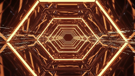 An endless hexagonal tunnel with glowing orange geometric structures and streaks of light creates a sense of futuristic motion and depth.の素材