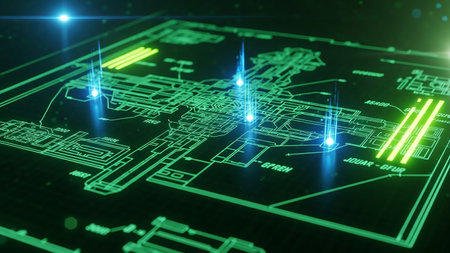 A detailed green blueprint diagram with glowing blue light beams and lens flares, suggesting advanced technology and complex data analysis.の素材