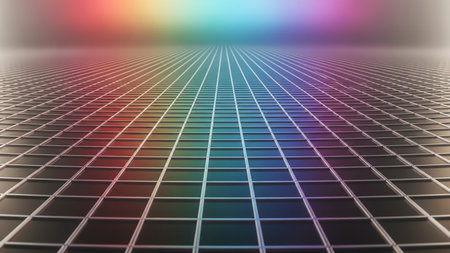 A perspective grid floor in shades of rainbow colors stretches towards a blurred, vibrant spectrum horizon with subtle lighting.の素材