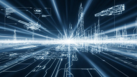 A futuristic wireframe cityscape with glowing light beams and hovering spaceships, presented in a blueprint style with blue accents.の素材